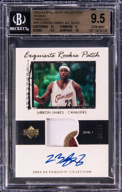 2003-04 Upper Deck Exquisite Collection Rookie Patch Autograph (RPA) Parallel #78 LeBron James Signed Patch Rookie Card (#09/23) - BGS GEM MINT 9.5, Beckett 10, the lot sold at Goldin