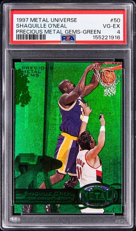 1997-98 SkyBox Metal Universe Precious Metal Gems (PMG) Green #50 Shaquille O'Neal (#010/100) - PSA VG-EX 4, the lot sold at Goldin