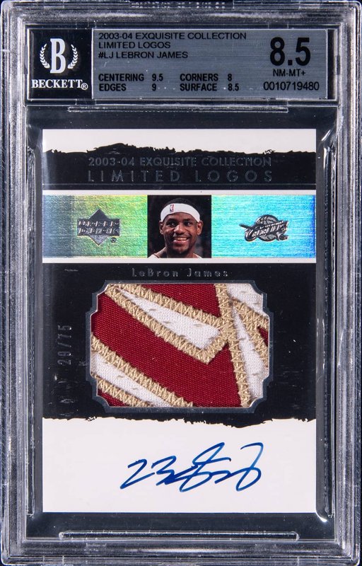 2003-04 Upper Deck Exquisite Collection Limited Logos #LL-LJ LeBron James Signed Game-Used Patch Rookie Card (#29/75) - BGS NM-MT+ 8.5, Beckett 10, the lot sold at Goldin
