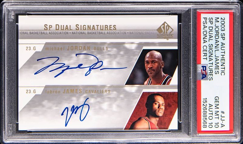 2003-04 Upper Deck SP Authentic SP Dual Signatures #JJ-A Michael Jordan/LeBron James Dual-Signed Card - PSA GEM MT 10, PSA/DNA GEM MT 10, the lot sold at Goldin