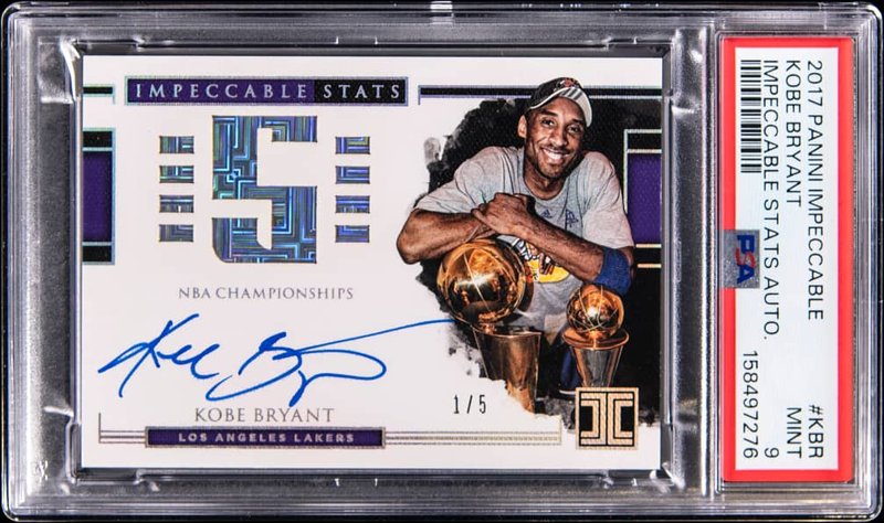 2017-18 Panini Impeccable Stats Autographs #IS-KBR Kobe Bryant Signed Card (#1/5) - PSA MINT 9, the lot sold at Goldin