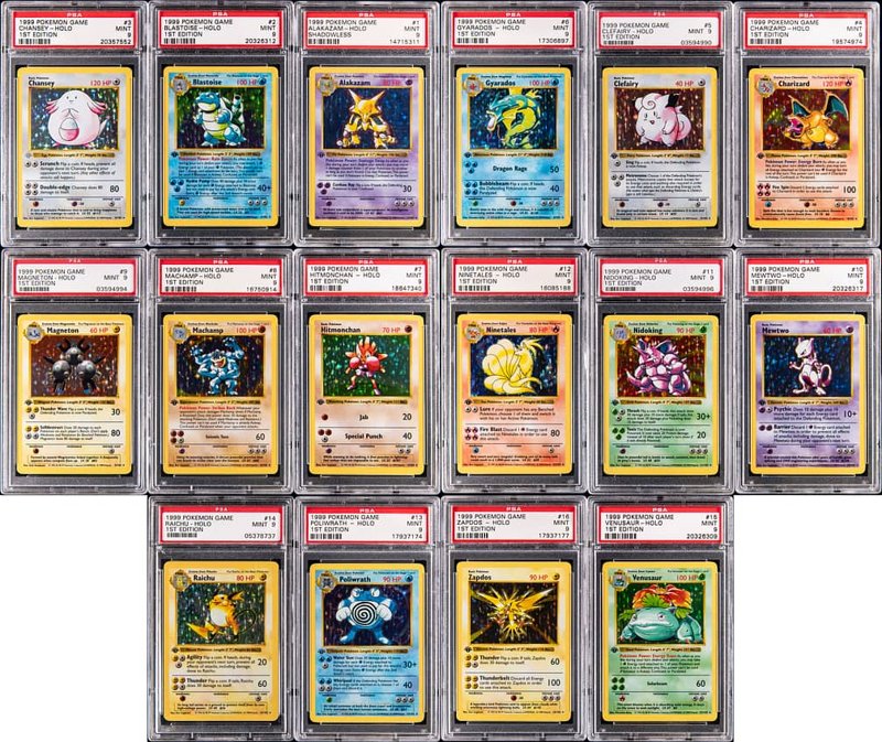 1999 Pokemon Base Set 1st Edition PSA MINT 9 Complete Set (102 Cards) - Featuring Charizard, Blastoise, Venusaur, the lot sold at Goldin