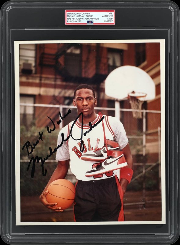 Fresh-to-Hobby Discovery of MJ Signed, Inscribed Rookie Type I from Nike Air Jordan 1st Ad Campaign! - Nov. 1984 Type I Original Photo by Photographer Chuck Kuhn - Jet-Black Signature; Only 2 Known PSA-Certified Examples - 8 x 10 - PSA/DNA, JSA, the lot sold at Goldin