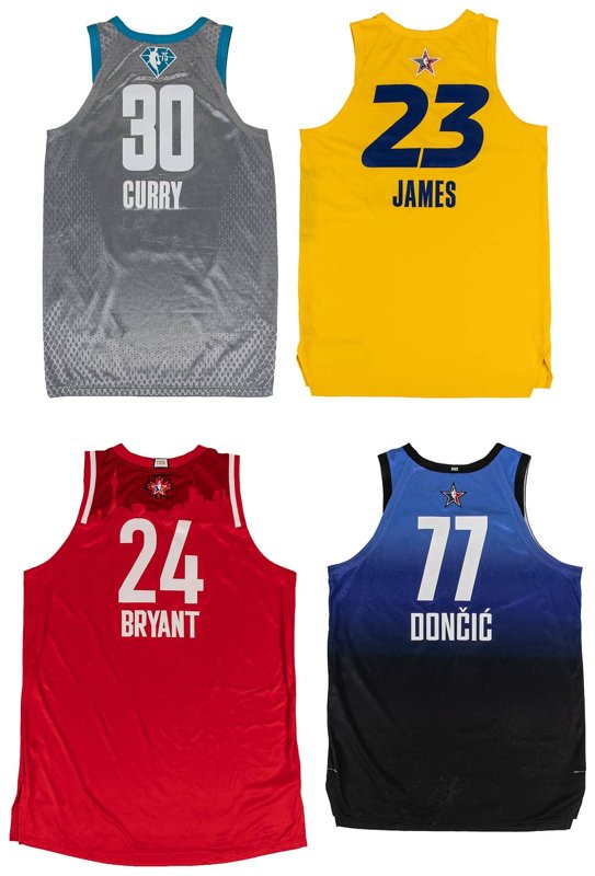 Kobe Bryant/LeBron James/Stephen Curry/Luka Doncic Game-Used, Photo-Matched NBA All-Star Game Jersey Collection (4) - Kobe's Final ASG, LeBron's 17th, Luka's 4th, Curry's 50-Pt. Game - MeiGray LOA (4), MeiGray Photomatching (4), the lot sold at Goldin