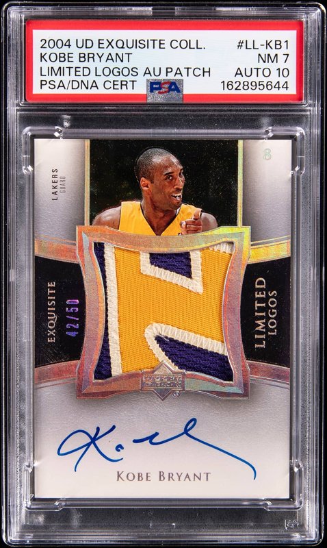 2004-05 Upper Deck Exquisite Collection Limited Logos Autograph Patch #LL-KB1 Kobe Bryant Signed Game-Used Patch Card (#42/50) - PSA NM 7, PSA/DNA GEM MT 10, the lot sold at Goldin