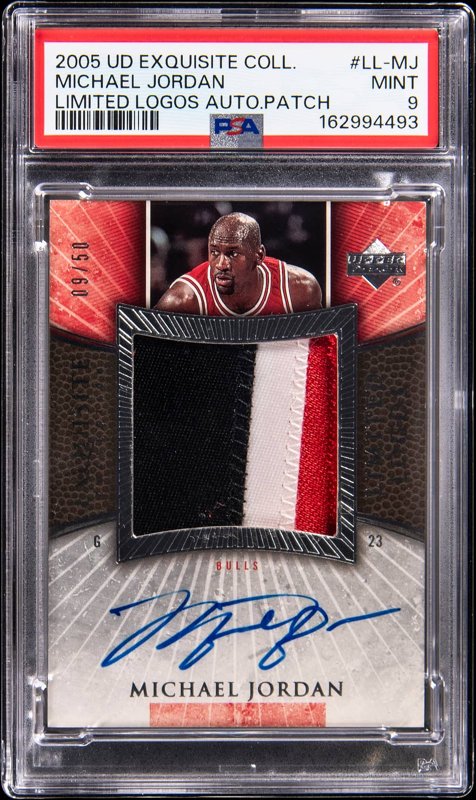 2005-06 Upper Deck Exquisite Collection Limited Logos Autographed Patch #LL-MJ Michael Jordan Signed Game-Used Patch Card (#09/50) - PSA MINT 9, the lot sold at Goldin