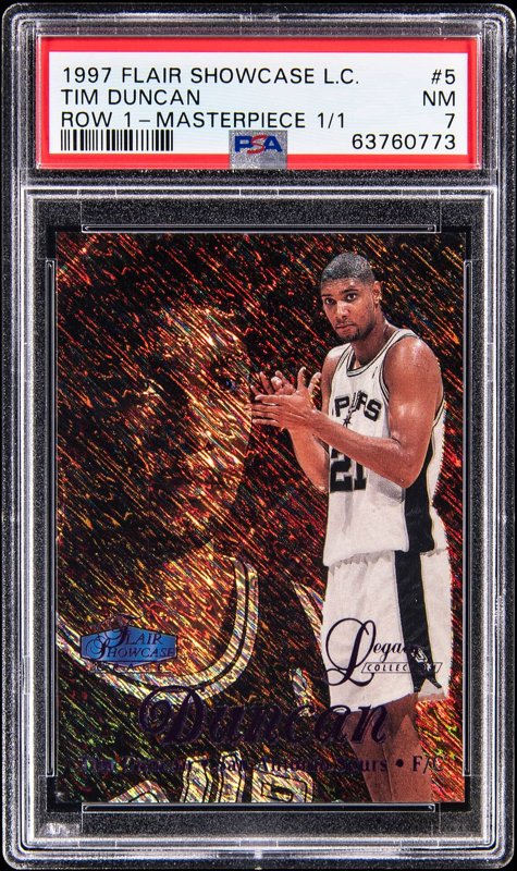 1997-98 Flair Showcase Legacy Collection Row 1 Masterpiece #5 Tim Duncan Rookie Card (#1/1) - PSA NM 7, the lot sold at Goldin