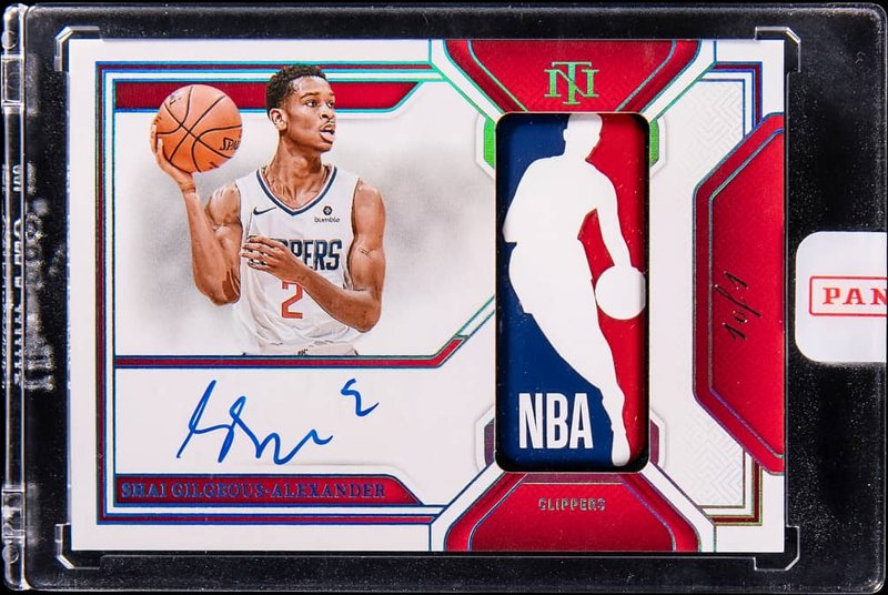 2024-25 Panini National Treasures Logoman Autographs #LA-SGA Shai Gilgeous-Alexander Signed Patch Card (#1/1) - Patch Game-Worn/Used During SGA's Rookie Season on 11/8/18 - Panini Encased, the lot sold at Goldin