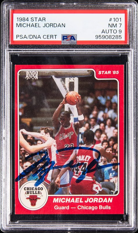 1984-85 Star #101 Michael Jordan Signed Rookie Card - PSA NM 7, PSA/DNA MINT 9, UDA, the lot sold at Goldin