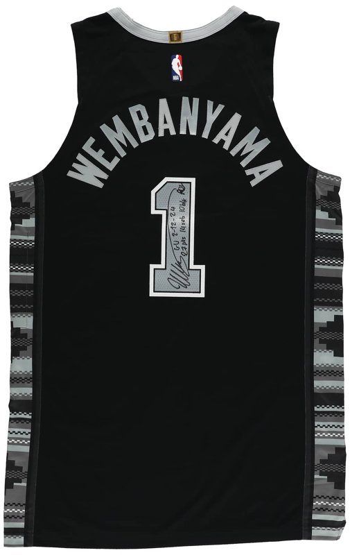 Feb. 12, 2024 - Victor Wembanyama 2nd Career Triple-Double - Game-Used, Photo-Matched, Signed, Inscribed Rookie Season San Antonio Spurs Statement Edition Jersey - Game Highs of 27 Points, 14 Rebounds, and 10 Blocks (Career-High Regular Season), 5 Assists, 2 Steals - Resolution Photomatching, Fanatics COA, Beckett LOA, the lot sold at Goldin