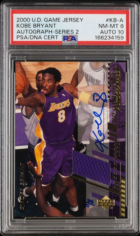 2000-01 Upper Deck Game Jersey Autograph Series 2 #KB-A Kobe Bryant Signed Relic Card (#8/8) - Jersey Number - PSA NM-MT 8, PSA/DNA GEM MT 10, the lot sold at Goldin