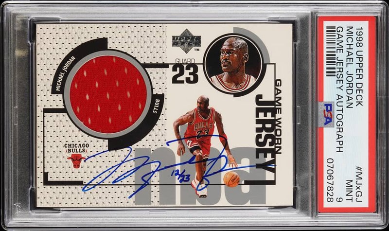 1998-99 Upper Deck Jordan Game Jersey Autographs #MJx-GJ Michael Jordan Signed Game-Worn Relic Card (#12/23) - PSA MINT 9, the lot sold at Goldin