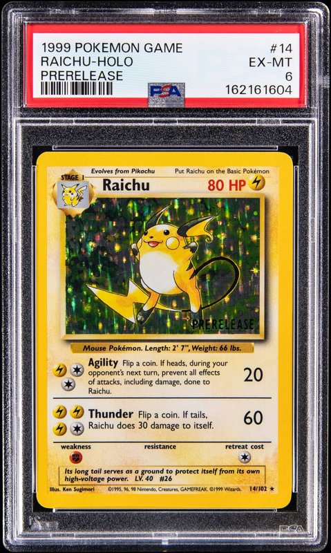 1999 Pokemon Base Set Prerelease Holo #14 Raichu - PSA EX-MT 6, the lot sold at Goldin