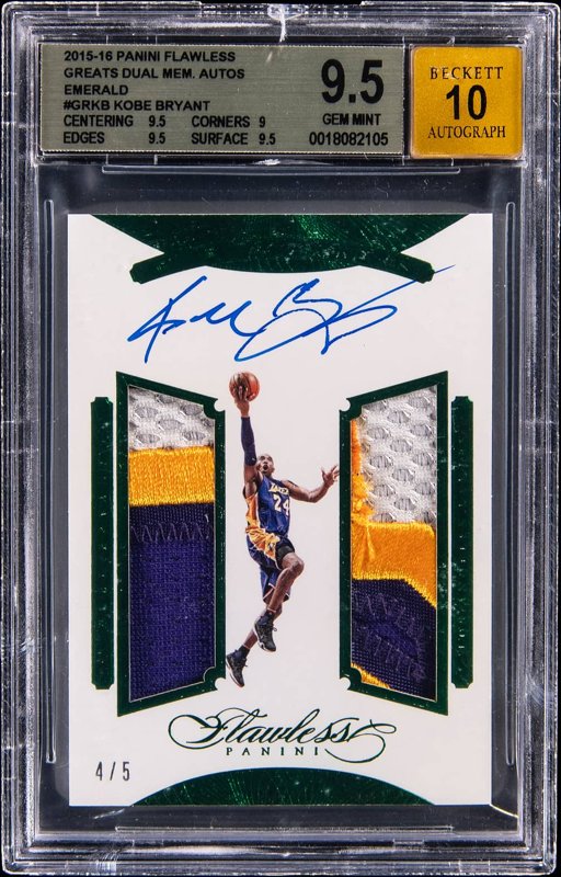 2015-16 Panini Flawless Greats Dual Memorabilia Autographs Emerald #GR-KB Kobe Bryant Signed Patch Card (#4/5) - BGS GEM MINT 9.5, Beckett 10, the lot sold at Goldin