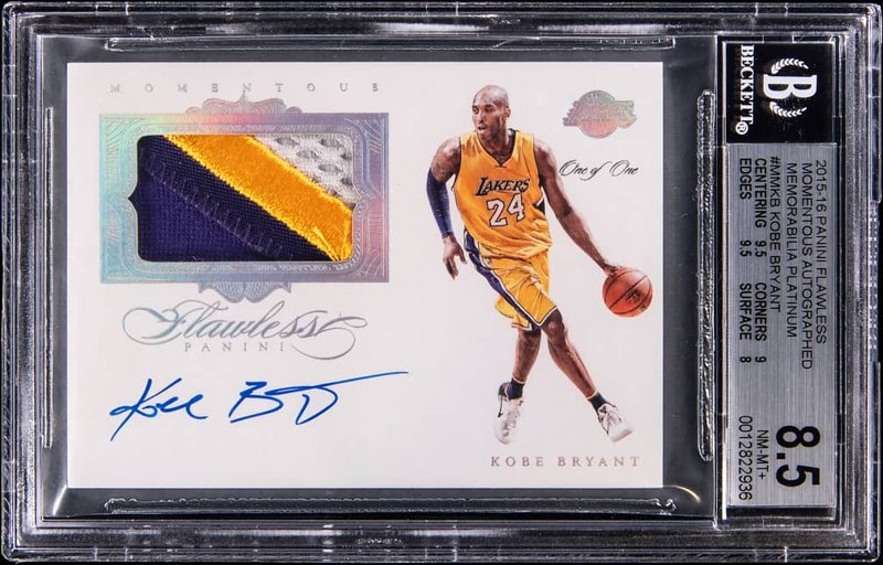 2015-16 Panini Flawless Momentous Autographed Memorabilia Platinum #MM-KB Kobe Bryant Signed Patch Card (#1/1) - BGS NM-MT+ 8.5, Beckett 10, the lot sold at Goldin