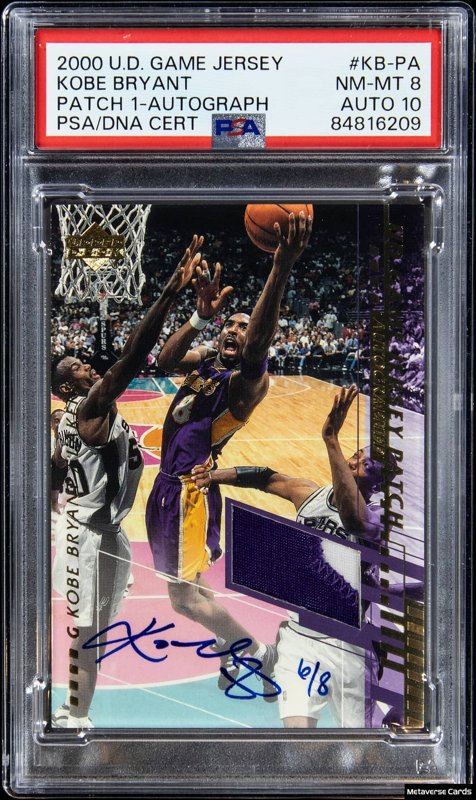 2000-01 Upper Deck Game Jersey Patch 1 Autograph #KB-PA Kobe Bryant Signed Game-Used Patch Card (#6/8) - PSA NM-MT 8, PSA/DNA GEM MT 10, the lot sold at Goldin