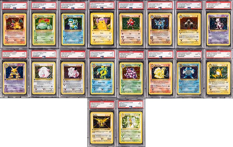 1999 Pokemon Base Set Shadowless 1st Edition PSA MINT 9 Complete Set (103) - Featuring Charizard, Blastoise, Venusaur, "Red Cheeks" Pikachu, the lot sold at Goldin