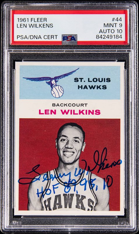 Extraordinary 1961-62 Fleer #44 Signed, Inscribed Lenny Wilkens Rookie Card - PSA 9 MINT; PSA/DNA GEM MINT 10 Autograph, the lot sold at Goldin
