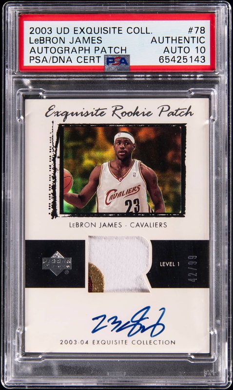 2003-04 Upper Deck Exquisite Collection Rookie Patch Autograph (RPA) #78 LeBron James Signed Patch Rookie Card (#42/99) - PSA Authentic, PSA/DNA GEM MT 10, the lot sold at Goldin