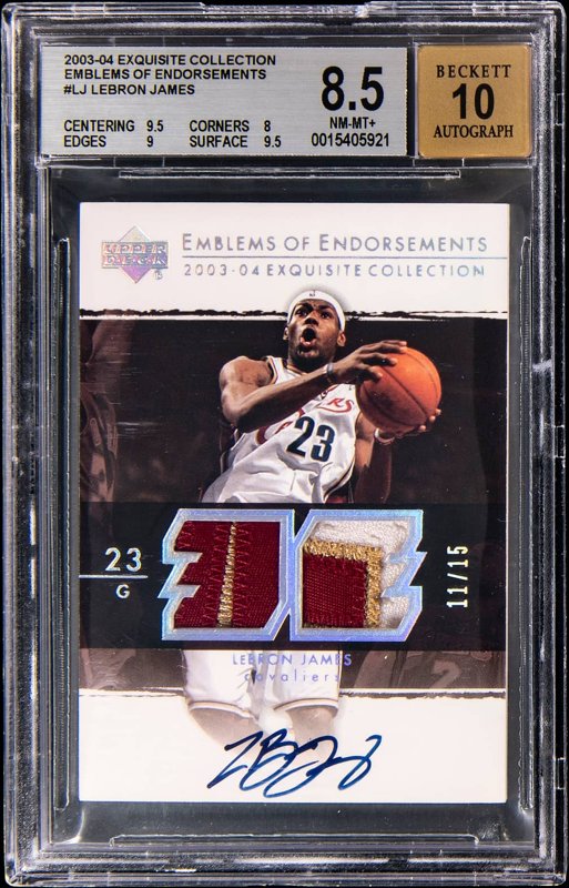 2003-04 Upper Deck Exquisite Collection Emblems of Endorsement #EM-LJ LeBron James Signed Game-Used Patch Rookie Card (#11/15) - BGS NM-MT+ 8.5, Beckett 10, the lot sold at Goldin