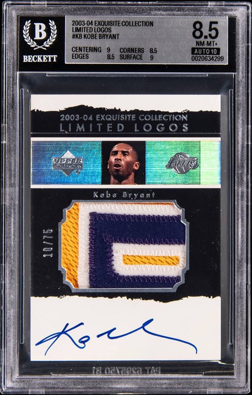 2003-04 Upper Deck Exquisite Collection Limited Logos #LL-KB Kobe Bryant Signed Game-Used Patch Card (#10/75) - BGS NM-MT+ 8.5, Beckett 10, the lot sold at Goldin