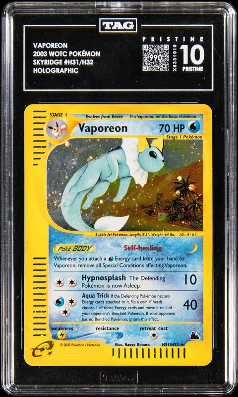 2003 Pokemon Skyridge Holo #H31 Vaporeon - TAG PRISTINE 10, the lot sold at Goldin