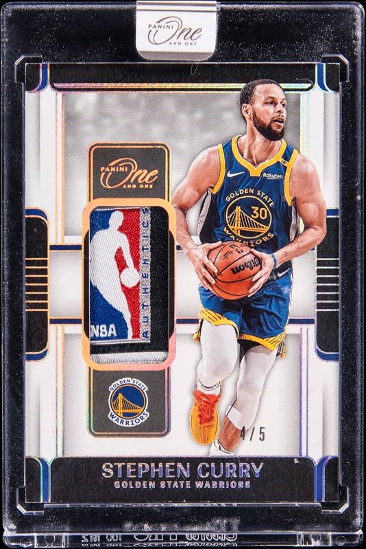 2024-25 Panini One and One Game-Worn/Used Laundry Tag #LTA-CUR Stephen Curry Patch Card (#4/5) - Panini Encased, the lot sold at Goldin